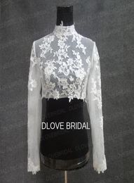 ECHTE PO High Neck Long Sleeve Bridal Jacket Lace Appliqued TuLle Trouwfeestjurk Sheer Wraps Bolero met overdekte knoppen Cu5547519