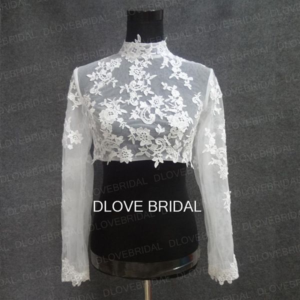 Real Po Col Haut À Manches Longues Veste De Mariée En Dentelle Appliqued Tulle Robe De Soirée De Mariage Sheer Wraps Bolero Avec Boutons Couverts Cu333p