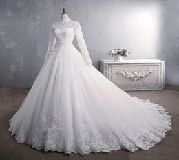 Echte Po Princess Luxe kanten trouwjurken Hoge kraag lange mouwen Appliqued Celebrity Ball Gown Bridal Jurys Muslim Vestido3576661