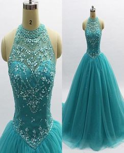 Real Po Crystal Quinceanera Robes de bal 2022 Robe de bal à cou en tulle Hollow Back With Zipper Forme Party Cocktail 2726282