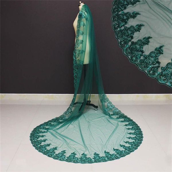 Real Pos 3 mètres une couche paillettes dentelle bord vert voile de mariage avec peigne beau voile de mariée NV71002716