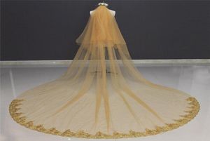 Edge de encaje real de dos capas Velo de boda de oro de oro con peine de 3 metros de longitud hermosa velo nupcial Voile MARIAGE4485929