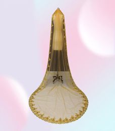Real Pos una capa de lentejuelas borde de encaje dorado 3 metros velo de novia Catedral con peine hermoso velo de novia NV70985211259