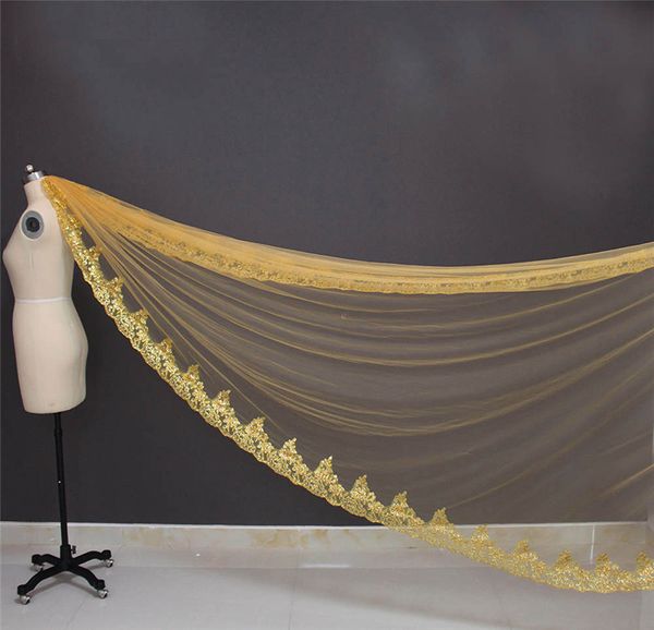 Real Pos – voile de mariage une couche à paillettes, bord en dentelle doré, 3 mètres, avec peigne, magnifique voile de mariée NV7098273i