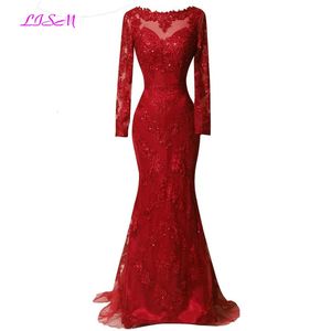 Real Pos – robe de soirée rouge, manches longues, avec des Appliques en dentelle, style sirène, robes de bal élégantes, longue traîne, robes de soirée formelles, 240401