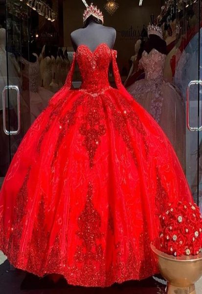Real Pos Red Organza Sweet 16 Vestidos de quinceañera Apliques de lentejuelas Vestido de desfile de novia con cuentas Vestido de cumpleaños de niña mexicana5662382