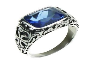 Véritable pur 925 bagues en argent Sterling pour hommes bleu cristal naturel pierre hommes bague Vintage creux gravé fleur Fine bijoux Y18919463307