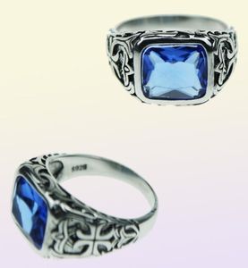 Real Pure 925 Anneaux en argent sterling pour hommes Blue Natural Crystal Stone Mens Ring Vintage Hollow Gravé Fleur Fine Bijoux D18112664299