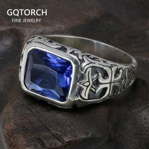 Véritable pur 925 bagues en argent sterling pour hommes bleu cristal naturel turquoise pierre hommes bague vintage gravé fleur bijoux fins 212967