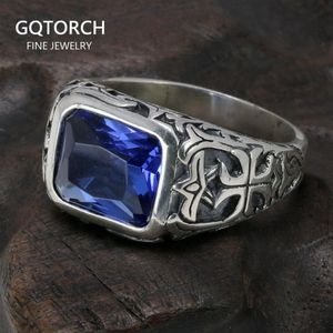 Véritable pur 925 bagues en argent Sterling pour hommes bleu cristal naturel Turquoise pierre hommes bague Vintage gravé fleur bijoux fins 21319u