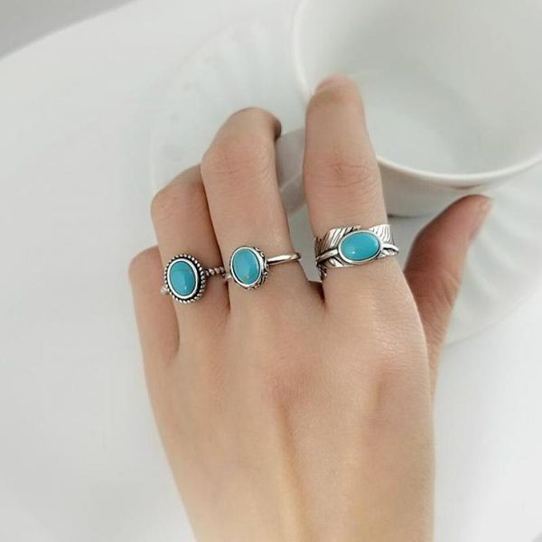 925 anillos de plata esterlina pura auténtica para mujer con piedra turquesa, joyería turca con forma ovalada de hoja con apertura Vintage