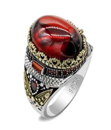 Anillo Vintage puro auténtico para hombre, Plata de Ley 925 turca Natural tailandesa, anillos de piedra de circón de Color rojo clásico para mujer, regalo de joyería H22380029