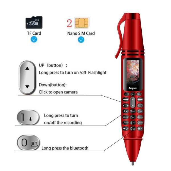 K07 0.96 Telefonos Moviles Teléfono móvil desbloqueado Mini bolígrafo Teléfono móvil Tarjeta SIM dual Marcador Bluetooth Teléfono celular con linterna Plumas de grabación Cámara para teléfono inteligente