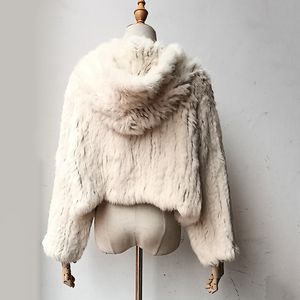 Real Rabbit Fur Matel avec capuche décontractée épaisse veste de fourrure authentique entier de haute qualité