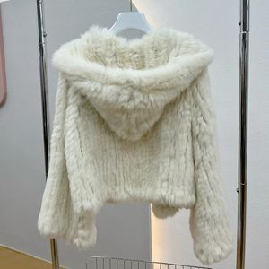 Manteau à capuche en vraie fourrure de lapin pour femmes, manches longues, décontracté, ample, tricoté, veste en fourrure véritable avec capuche, vêtements d'extérieur en fourrure naturelle 240110