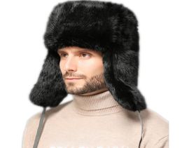 Real Rabbit Fur Trapper Hat Hat Earcs Men Russian Ushanka Aviator Hunter Ski Cap9865085