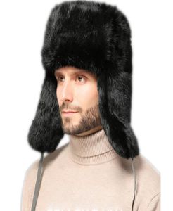 Chapeau de trappeur en vraie fourrure de lapin pour hommes, rabat d'oreille, casquette de Ski russe Ushanka aviateur Hunter 9968877