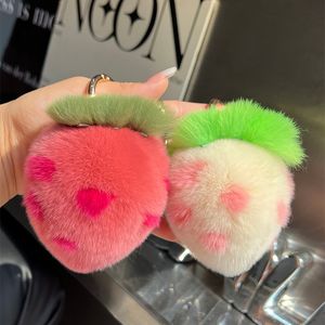 Echt konijn/Rex bont aardbei sleutelhanger pompom bal tas auto telefoon hanger cadeau