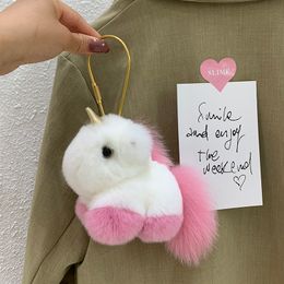 Echt Konijn / Rex Bont Eenhoorn Sleutelhanger Pompom Ball Bag Charm Sleutelhanger Hanger Kids Toy Gift