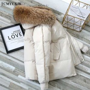 Echte wasbeer bontkraag vrouwen parka jas mode hooded plus size losse dikke koreaanse stijl elegante vrouw top 211008