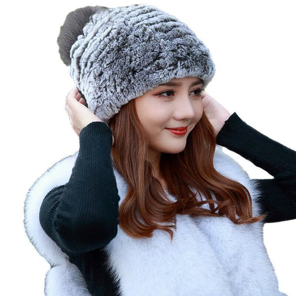 Gorros de piel de conejo Rex auténtica para mujer gorro cálido de invierno con bolas de piel de zorro café gris