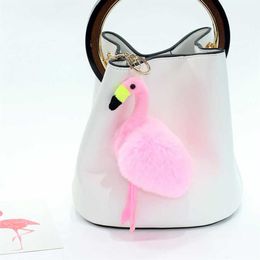 Real Rex Rabbit Fur Pink Flamingo Cadena de llave Purse Charm anillo de oro Posto de Carkey Fluffy 891117625533
