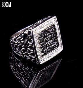 Echte S925 Pure Silver Sieraden Zwart en witte diamant Men039S Ring Vintage Druipende olie Zirkoon voor Man Cluster Rings2632152