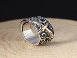 Bague en argent véritable S925 pour hommes, couleur or, croix, qualité supérieure, argent thaïlandais, bleu étoilé, rétro, anneau ouvert, cadeau d'anniversaire, bijoux Whole3302455