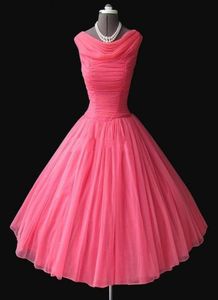 Real Sample 1950039S Vintage Bateau -halslijn Tealengte Puffy Ball Gower Water Melon Chiffon Korte prom -jurken avondjurken8016472