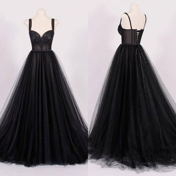 Échantillon réel 2018 robes de mariée en tulle noir vintage avec dentelle appliques bretelles spaghetti chérie à lacets dos robes de mariée EN11208b
