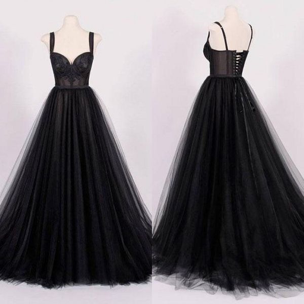 Muestra real 2018 Vestidos de boda de tul negro vintage con apliques de encaje Spaghetti Correos Sweetheart Cords Up Back Bridal Gowns EN1113 3252