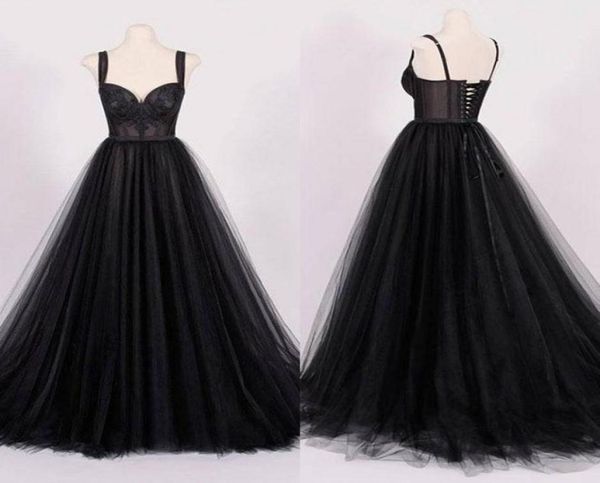 Vraiment échantillon 2018 robes de mariée en tulle noir vintage avec bretelles spaghetti appliques en dentelle