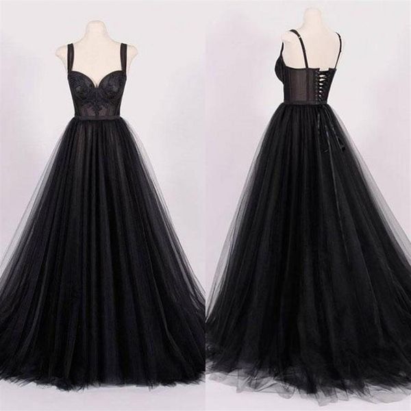 Échantillon réel 2018 robes de mariée en tulle noir vintage avec dentelle appliques bretelles spaghetti chérie à lacets dos robes de mariée EN11280v