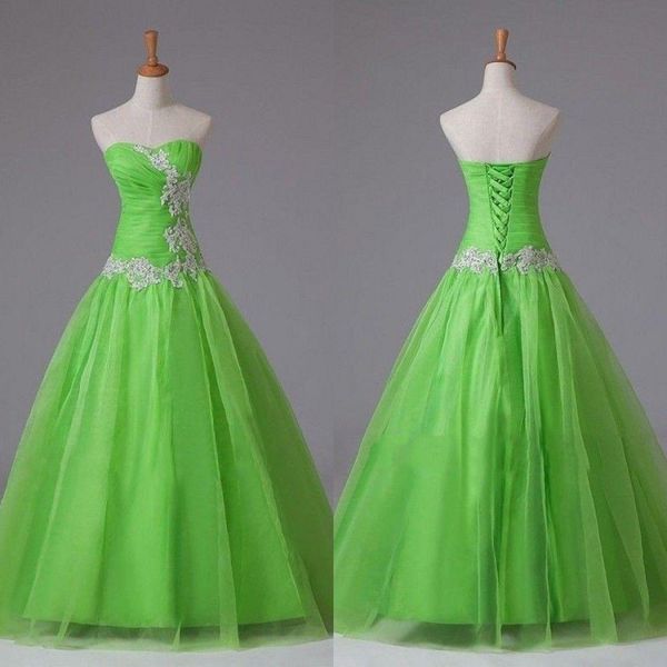Muestra real de vestidos de fiesta de color verde manzana, corsé de línea A, largo hasta el suelo, Apliques de encaje, vestido de quinceañera barato de alta calidad