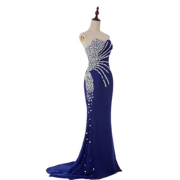Échantillon réel pas cher chérie sirène cristal bleu Royal en mousseline de soie longues robes de soirée mode robes de bal 2017