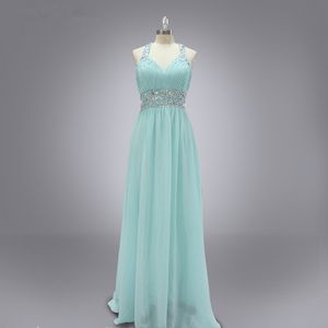 Echte monster elegante chiffon geplooid kralen mouwloos met riemen backless vloer lengte prom jurken 2020 feestjurken hemelblauw
