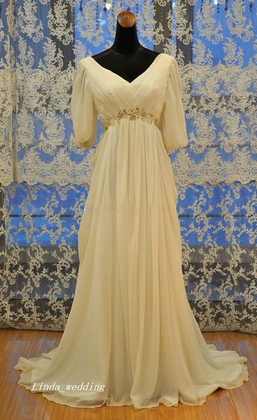 Échantillon réel photo robes de mariée ivoire taille empire en mousseline de soie perlée longueur de plancher longues robes de soirée de mariée