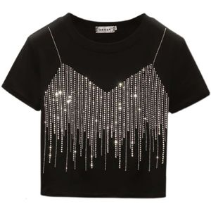 Real Shot of Eurean Heavy Industry T-shirt en diamant pressé à chaud, coupe ajustée pour femme, faux deux pièces avec bretelles entièrement en diamant, manches courtes brillantes, col rond