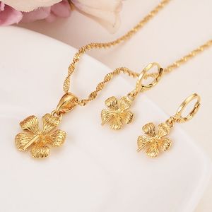 Véritable solide 14 k or jaune GF nouvelles mariées grande fleur pendentif boucles d'oreilles déclaration collier bijoux ensembles fête romantique beaux cadeaux