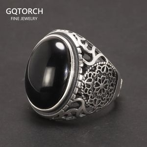 Véritable solide 925 en argent Sterling noir anneau hommes Vintage creux fleurs anneaux ouvert naturel Onyx pierre grande forme ovale mâle bijoux 240305