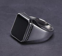 Bague en argent sterling 925 véritable solide simple pour hommes imité pierre noire carrée plate haute polissage bijoux turcs du Moyen-Orient C188425324