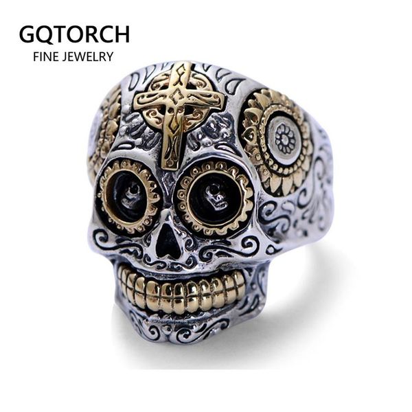 Real Solid 925 Sterling Silver Sugar Skull Anillos para hombres Anillos mexicanos Retro Color oro Cruz Sol Flor Grabado Joyería Punk J01270O