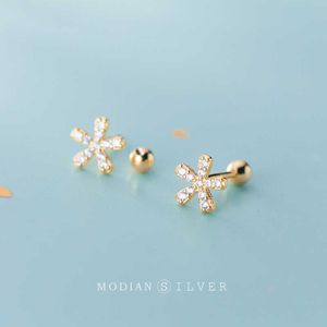Real Sterling Silver 925 Classic Flower Stud Eearrings para mujeres Clear CZ Gold Color Ear Pins Studs Fine Charm Jewelry 210707