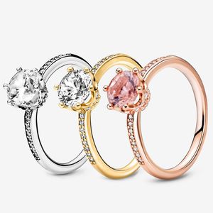 Real Sterling Silver Crown Solitaire Anneau avec bo￮te d'origine pour Pandora Women Girls Wedding Party Bijoux Rose Gold Pink CZ Diamond Engagement Anneaux