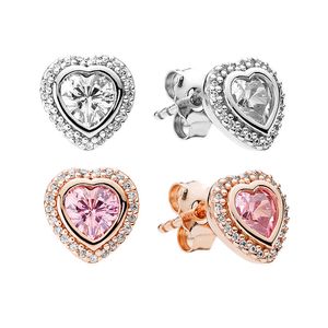 Real Sterling Silver Love Heart Stud Pendiente para mujer Joyería del banquete de boda Para pandora Rose Gold Pink CZ diamante novia Pendientes de regalo con caja original