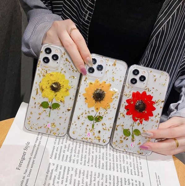 Véritable Tournesol Séché Pressé Feuille Souple TPU Cas Pour Iphone 12 Pro MAX Mini 11 XR XS X 8 7 6 Plus Mode Fleur Confettis Paillettes Couverture Arrière