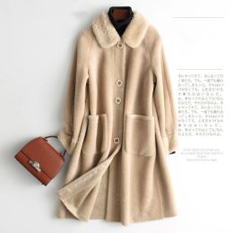 Réel hiver femmes mouton peau de mouton fourrure 100% laine manteau femme coréenne Vintage longue veste X241800HCH18260