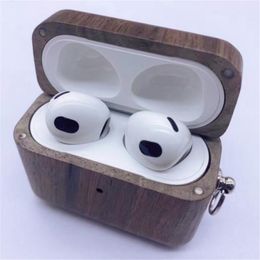 Funda de madera auténtica para AirPods, funda para Airpods Pro, funda para Airpods 3, auriculares inalámbricos TWS Bluetooth, funda de madera con cordón para llaves