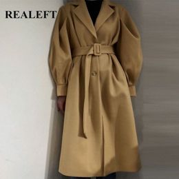 Realleft Otoño Invierno manga linterna sólido mujeres abrigos fajas oversize clásico largo gabardinas mujer rompevientos bolsillos 67sl