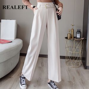 REALEFT Chic OL Style Blanc Travail Femmes Pantalon Ceintures Occasionnelles Pantalon Large Taille Haute Pantalon De Travail Élégant Femme pantalon femme 201012